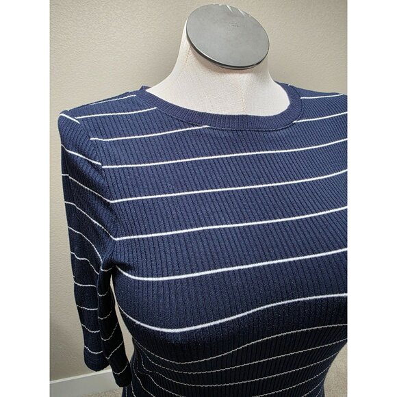 Navy & White Striped Fitted Ribbed Knit Dress With 3/4 Sleeves & Round Neckline - Picture 4 of 8